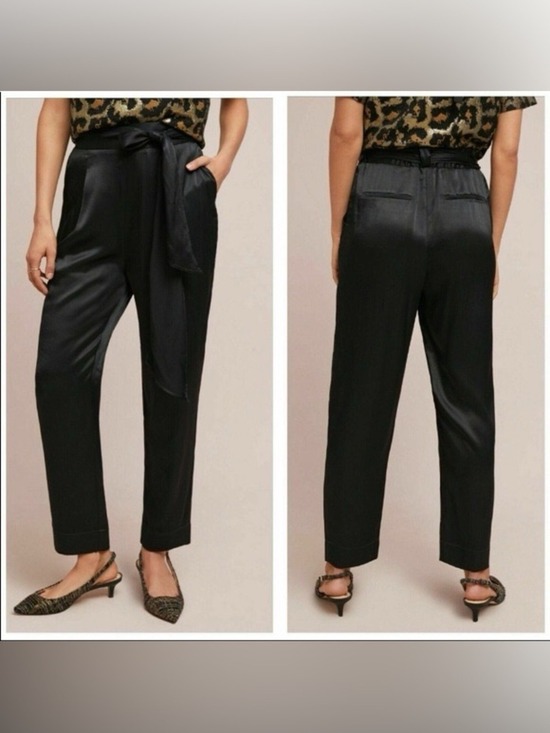 Anthropologie Pants - Anthropologie Ettitwa Black Satin Tie-Waist Tapered Pants Size 8